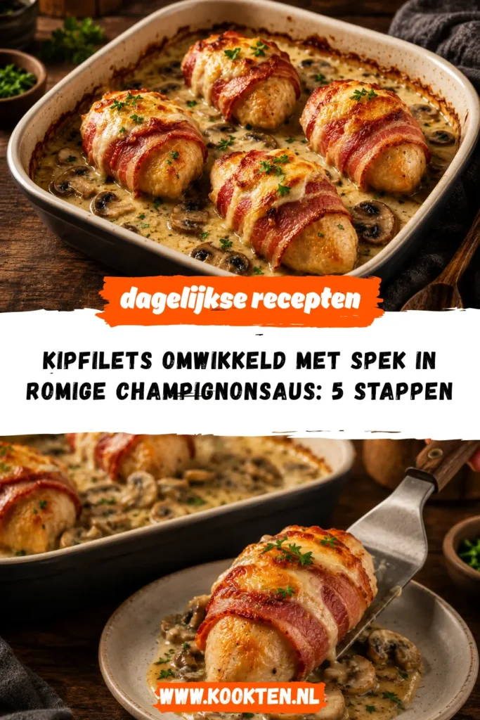 Kipfilets omwikkeld met spek in romige champignonsaus receptfoto van het gerecht