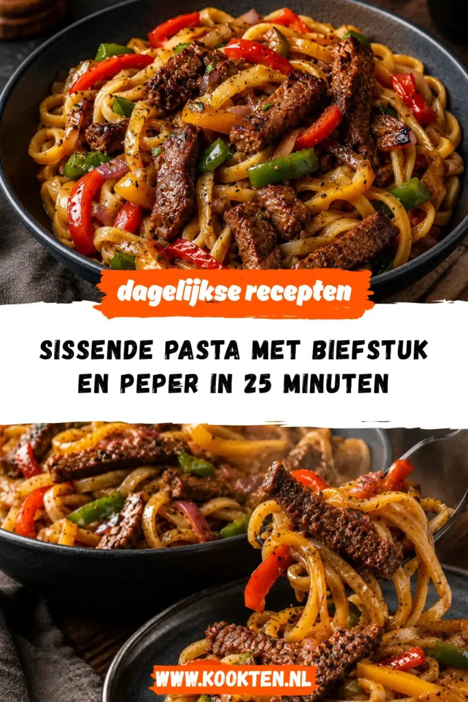 sissende pasta met biefstuk en peper receptfoto van het gerecht