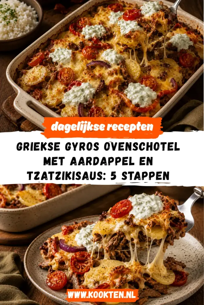 Griekse gyros ovenschotel met aardappel en tzatzikisaus receptfoto van het gerecht