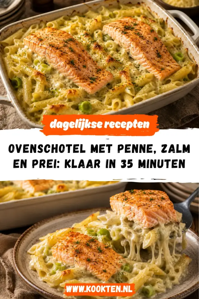 Ovenschotel met Penne, Zalm en Prei receptfoto van het gerecht
