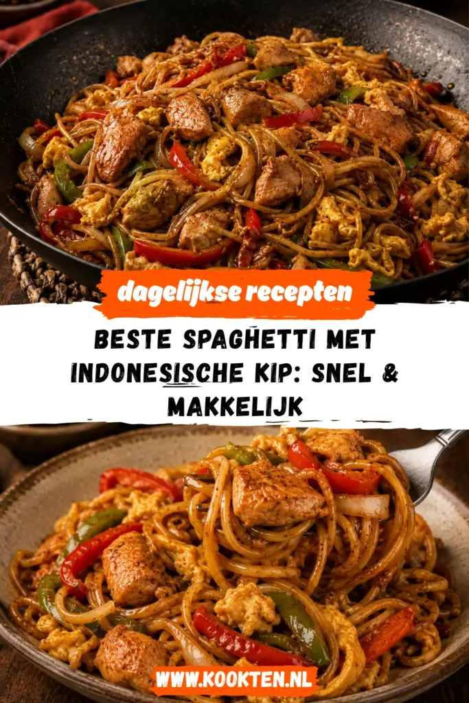 Spaghetti met Indonesische kip, paprika, ei en ketjap in een wok