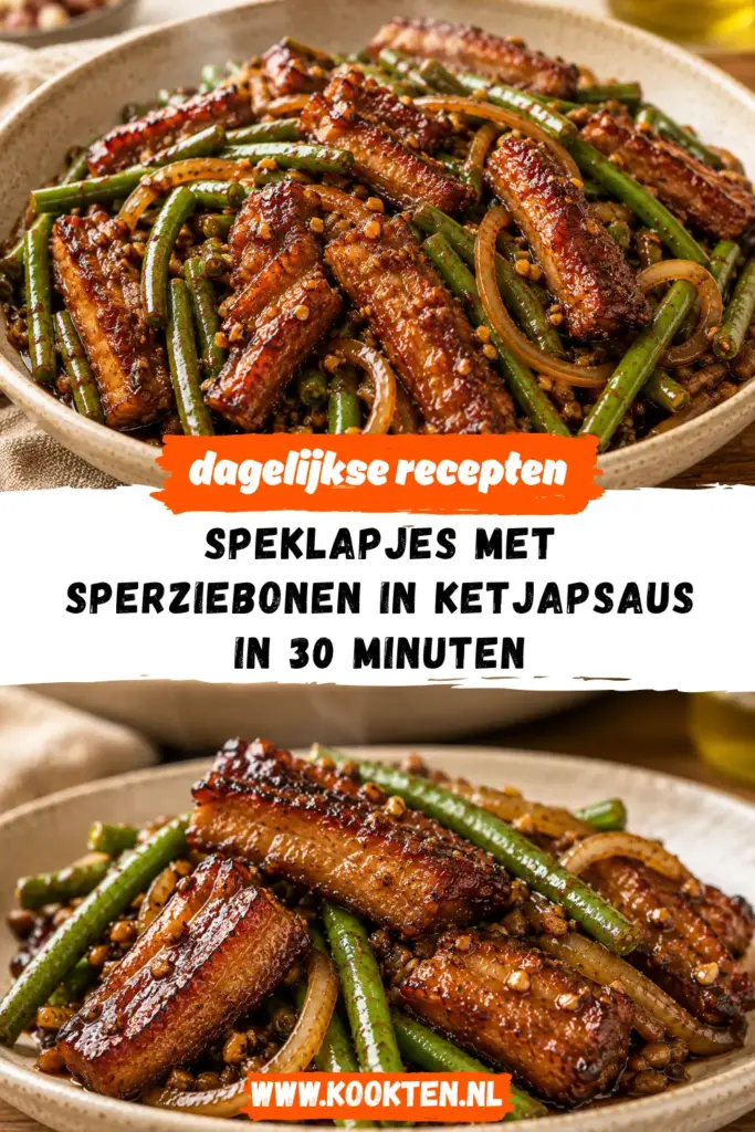 Speklapjes met Sperziebonen in Ketjapsaus receptfoto van het gerecht