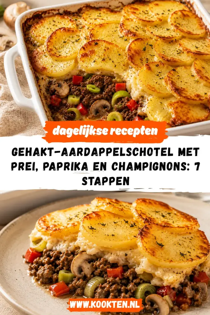 Gehakt-aardappelschotel met prei, paprika en champignons receptfoto van het gerecht