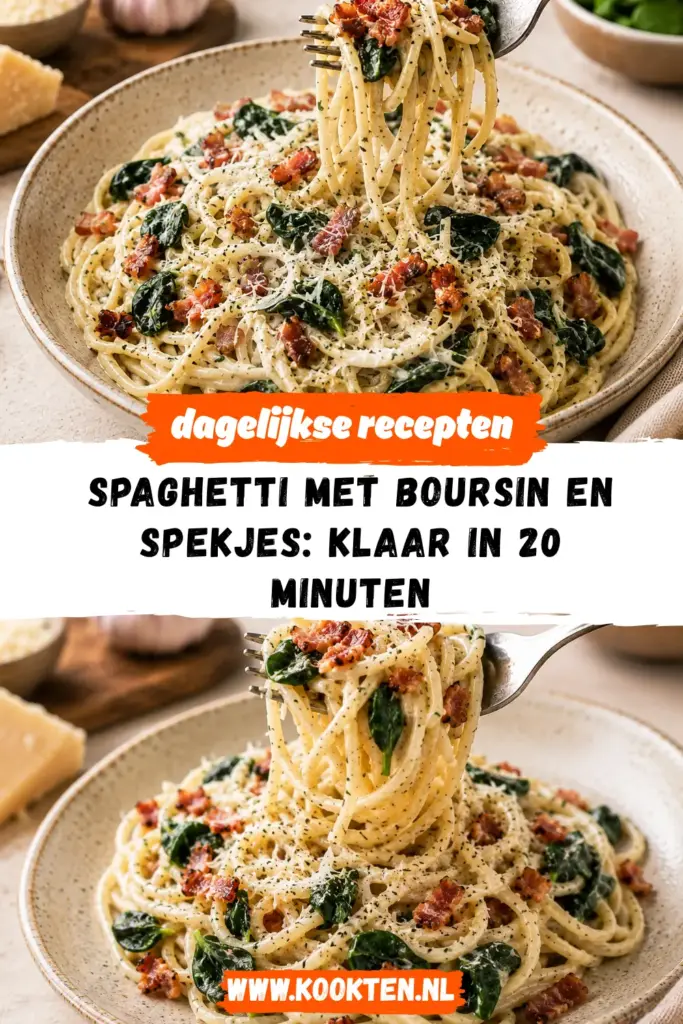 Spaghetti met Boursin en spekjes met spinazie en Parmezaanse kaas