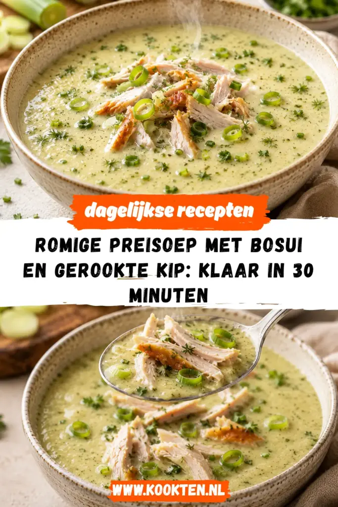 Romige preisoep met bosui en gerookte kip in een kom