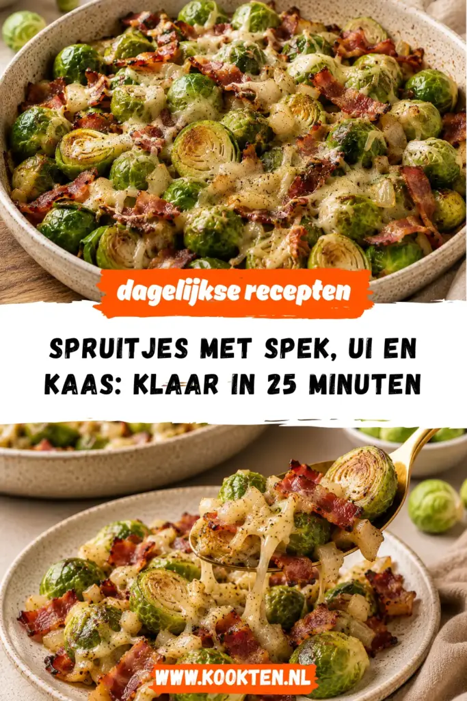 Spruitjes met spek, ui en kaas in een koekenpan