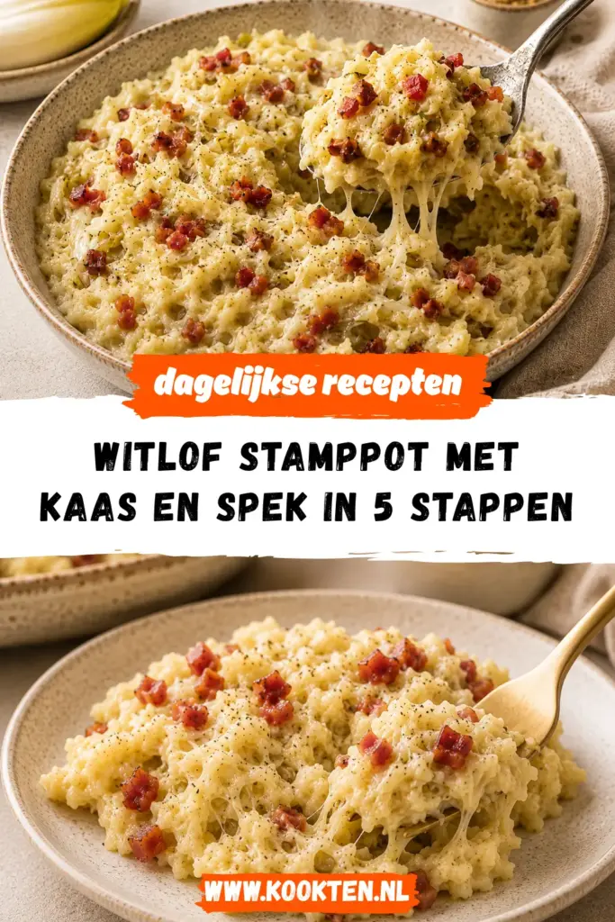 Witlof Stamppot met Kaas en Spek op een bord