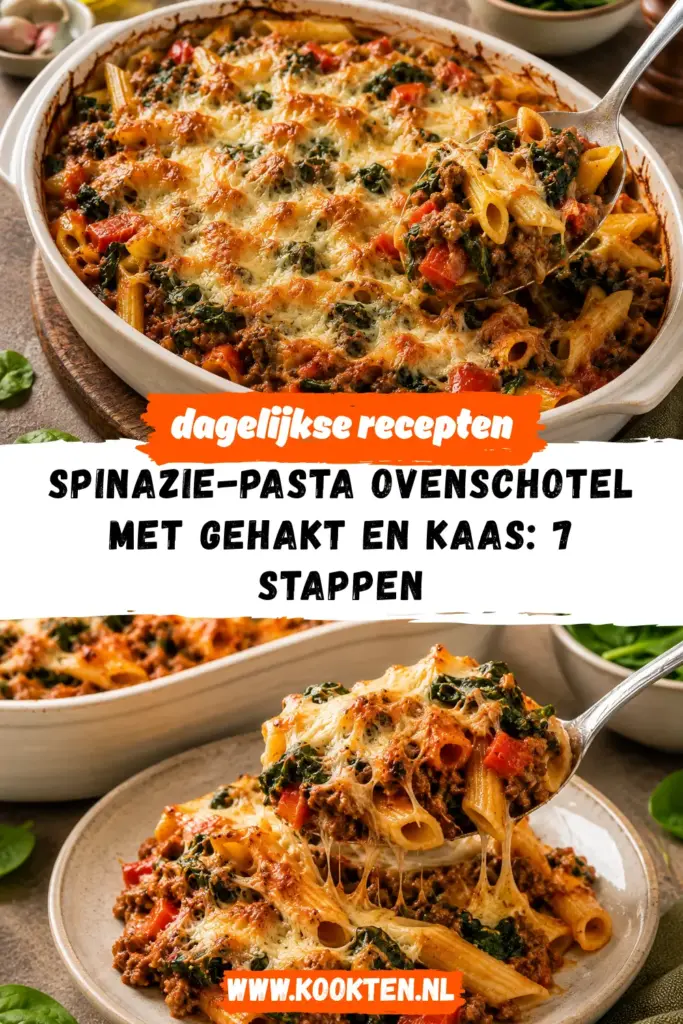 Spinazie-pasta ovenschotel met gehakt en kaas uit de oven