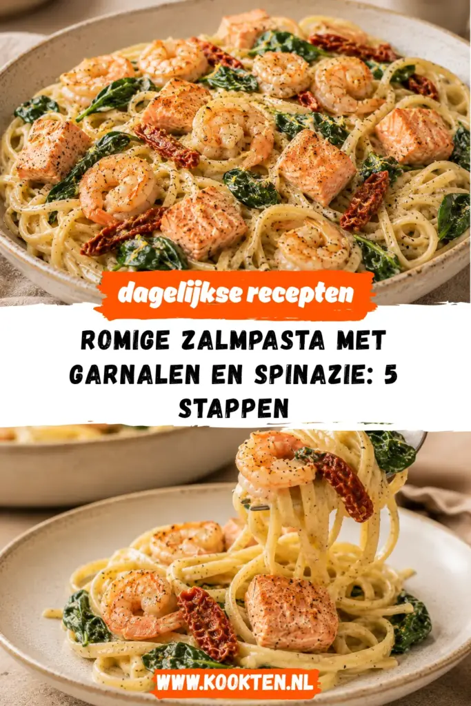 Romige Zalmpasta met Garnalen en Spinazie in een diep bord