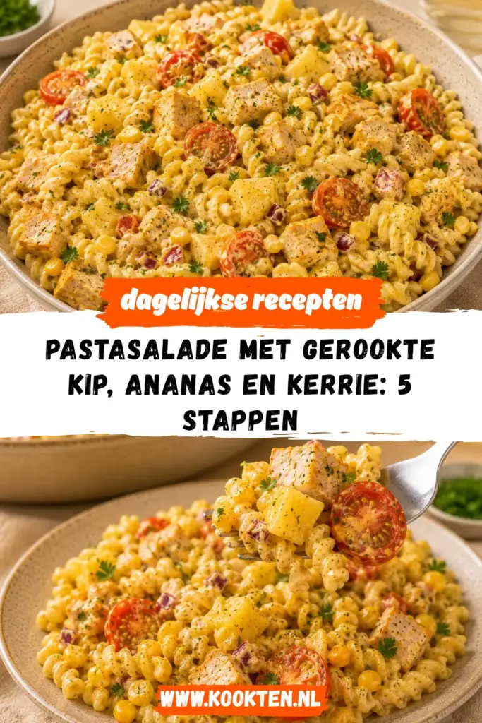 Pastasalade met gerookte kip, ananas en kerrie receptfoto van het gerecht