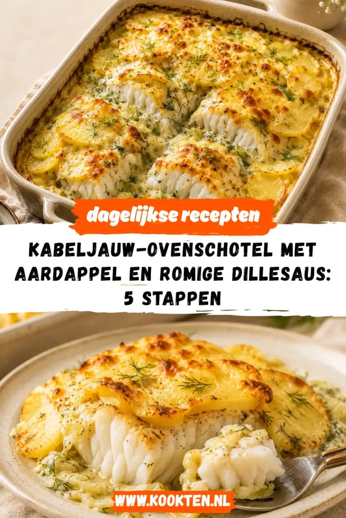 Kabeljauw-ovenschotel met aardappel en romige dillesaus receptfoto van het gerecht