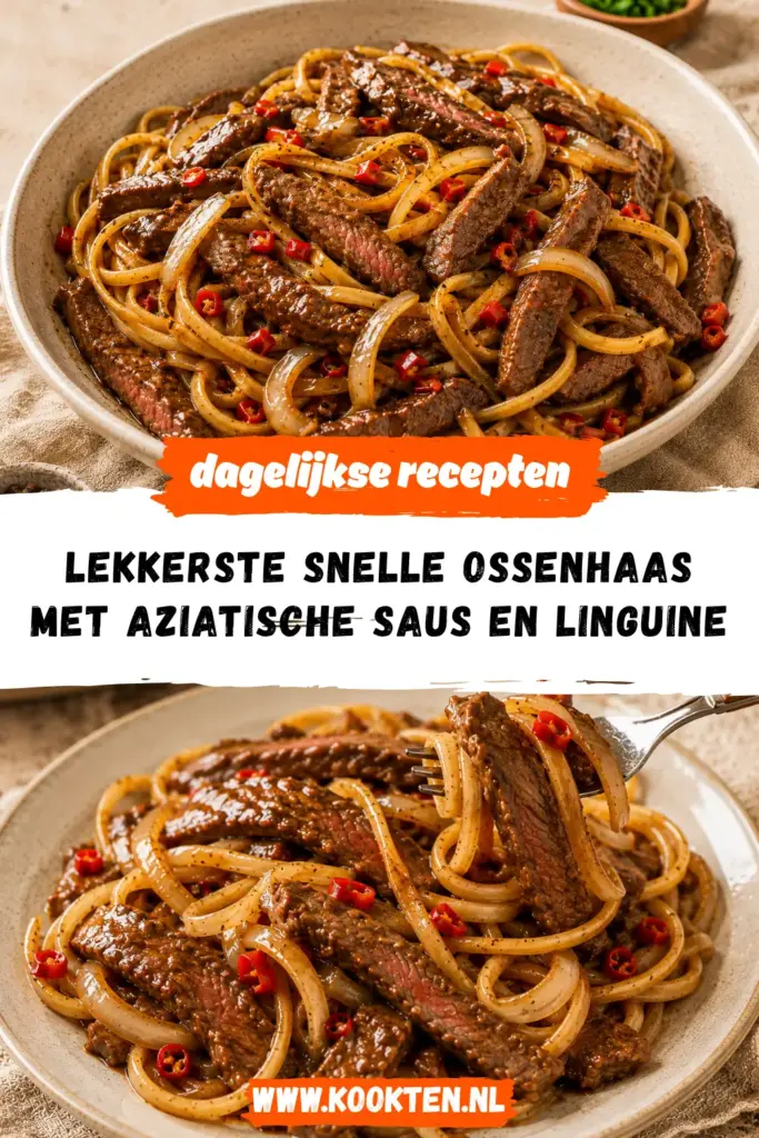 Snelle ossenhaas met Aziatische saus en linguine op een bord