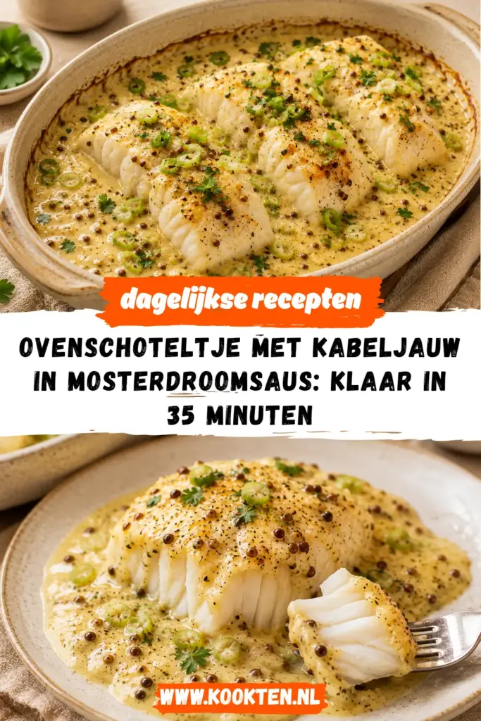 Ovenschoteltje met Kabeljauw in Mosterdroomsaus receptfoto van het gerecht
