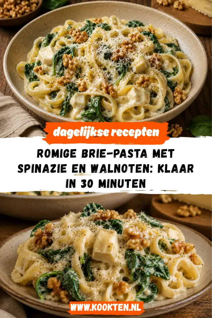 Romige Brie-Pasta met Spinazie en Walnoten receptfoto van het gerecht