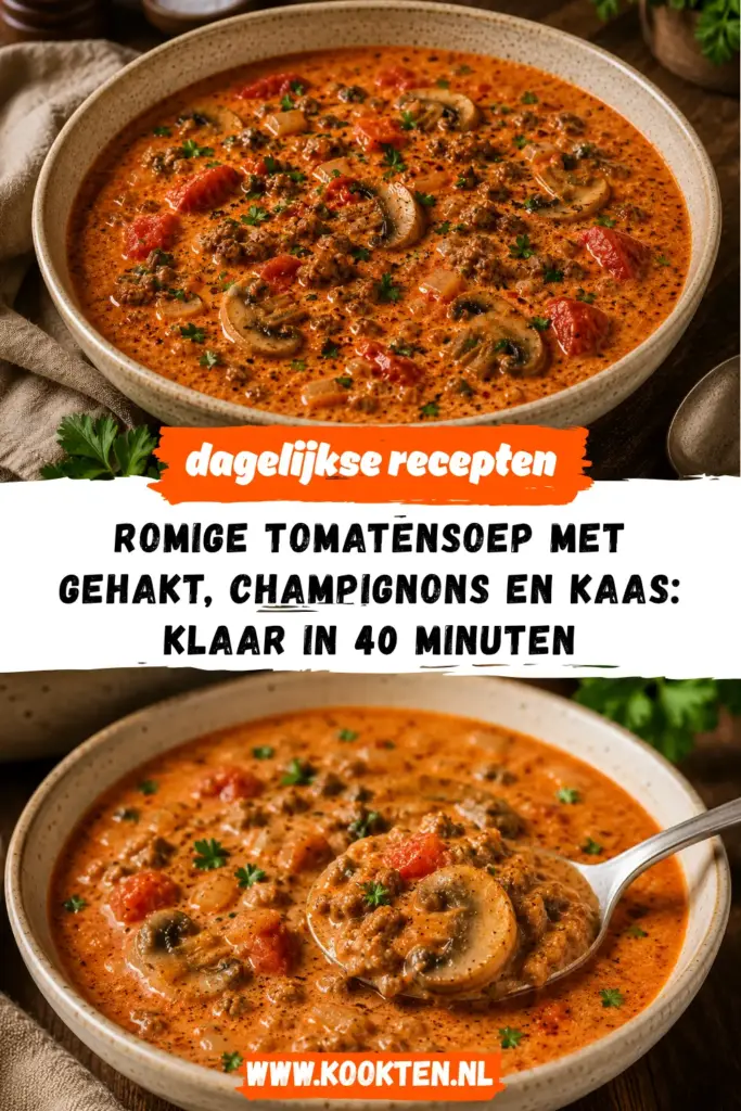 Romige Tomatensoep met Gehakt, Champignons en Kaas receptfoto van het gerecht