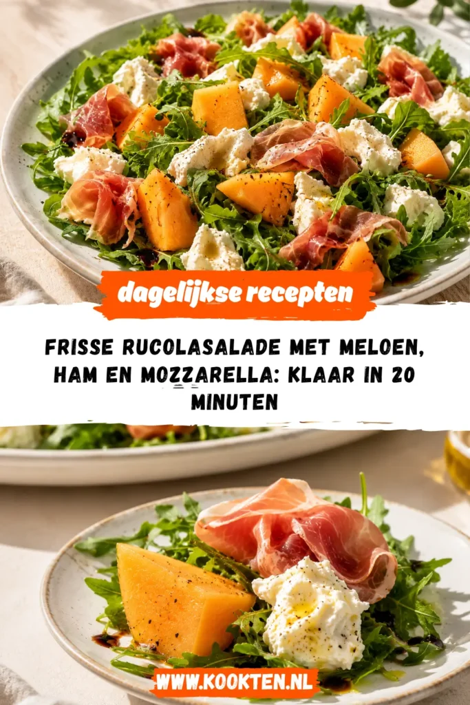Frisse rucolasalade met meloen, ham en mozzarella receptfoto van het gerecht
