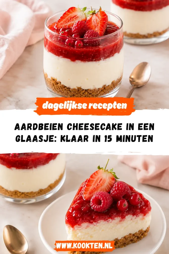 Aardbeien cheesecake in een glaasje receptfoto van het gerecht
