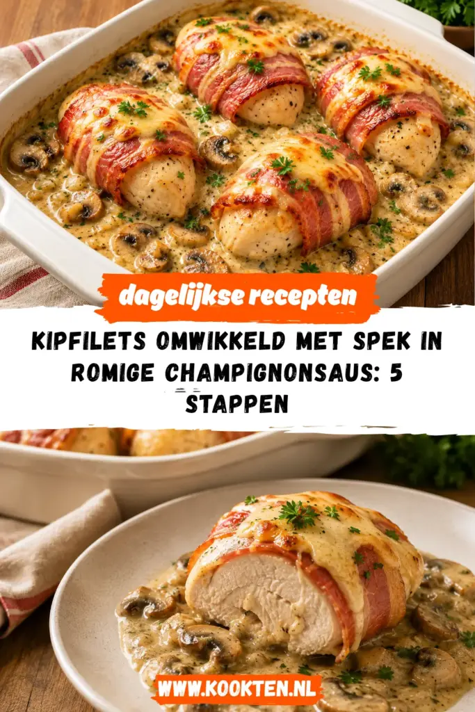 Kipfilets omwikkeld met spek in romige champignonsaus uit de oven