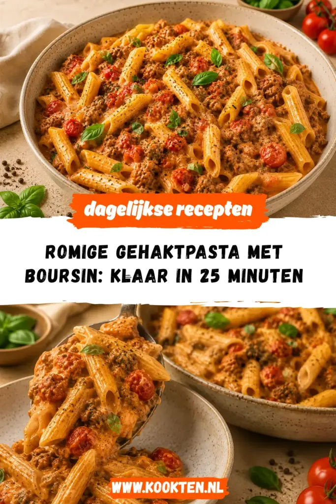 Romige gehaktpasta met Boursin en verse basilicum