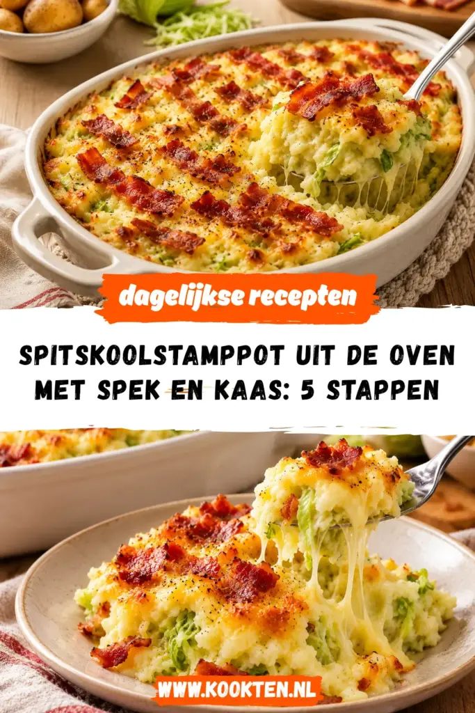 Spitskoolstamppot uit de oven met spek en kaas receptfoto van het gerecht