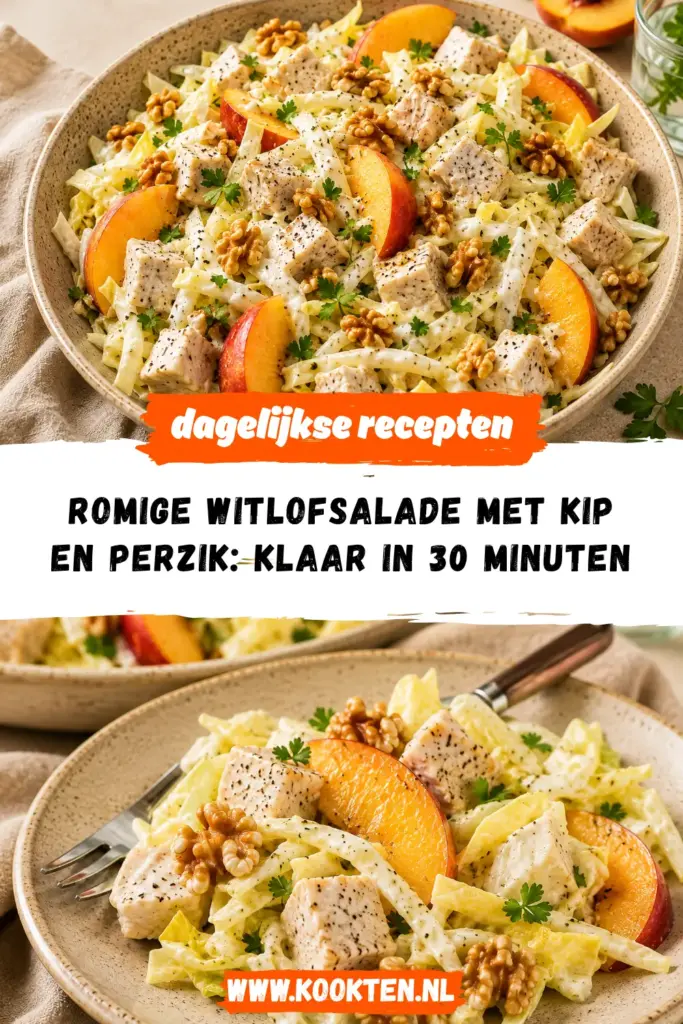 Romige witlofsalade met kip en perzik met walnoten
