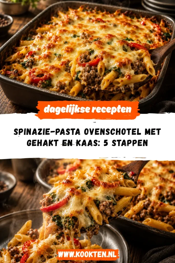 Spinazie-pasta ovenschotel met gehakt en kaas receptfoto van het gerecht