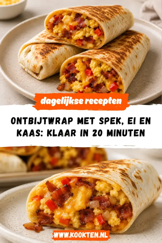 Ontbijtwrap met spek, ei en kaas op een bord