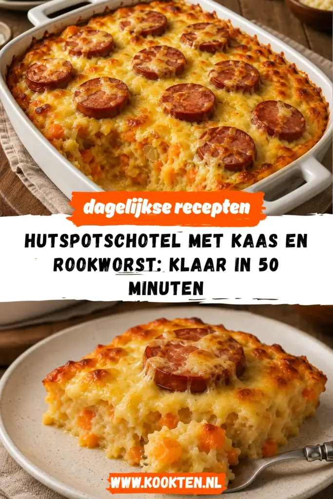 Hutspotschotel met kaas en rookworst receptfoto van het gerecht