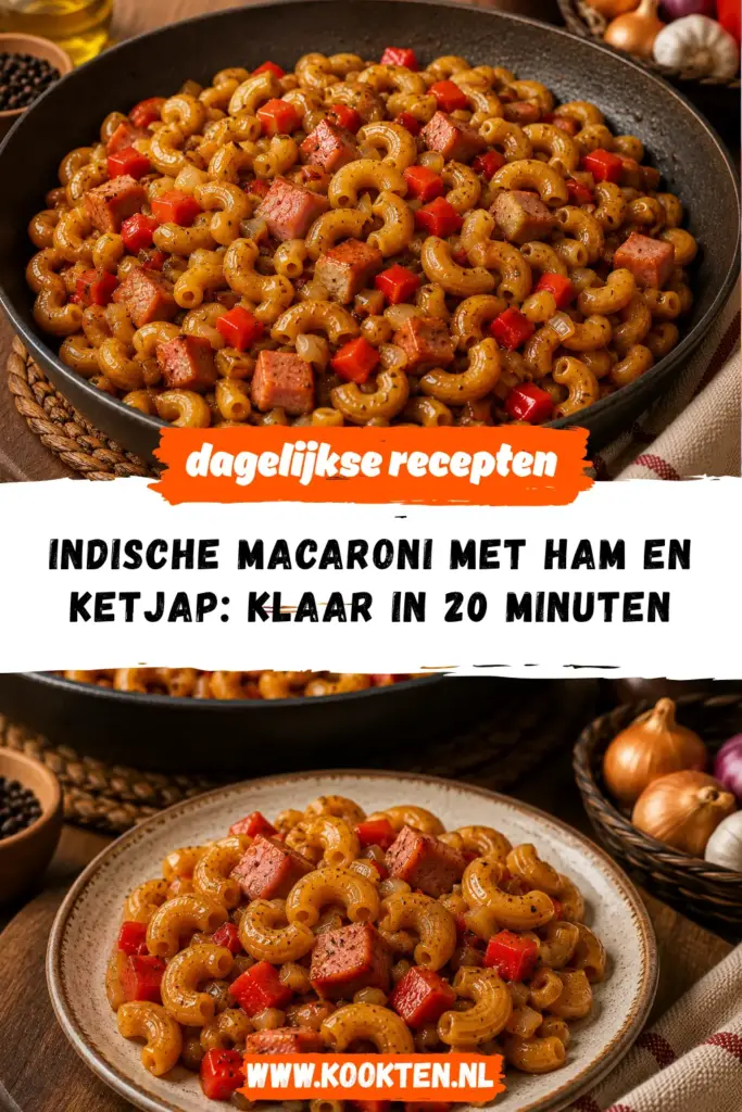 Indische macaroni met ham en ketjap in een kom