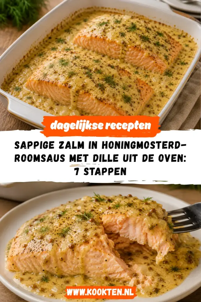 Sappige zalm in honingmosterd-roomsaus met dille uit de oven