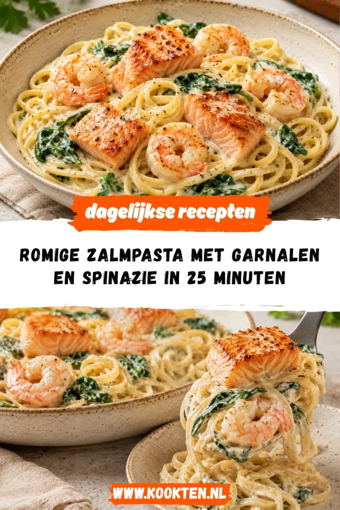 Romige zalmpasta met garnalen en spinazie receptfoto van het gerecht