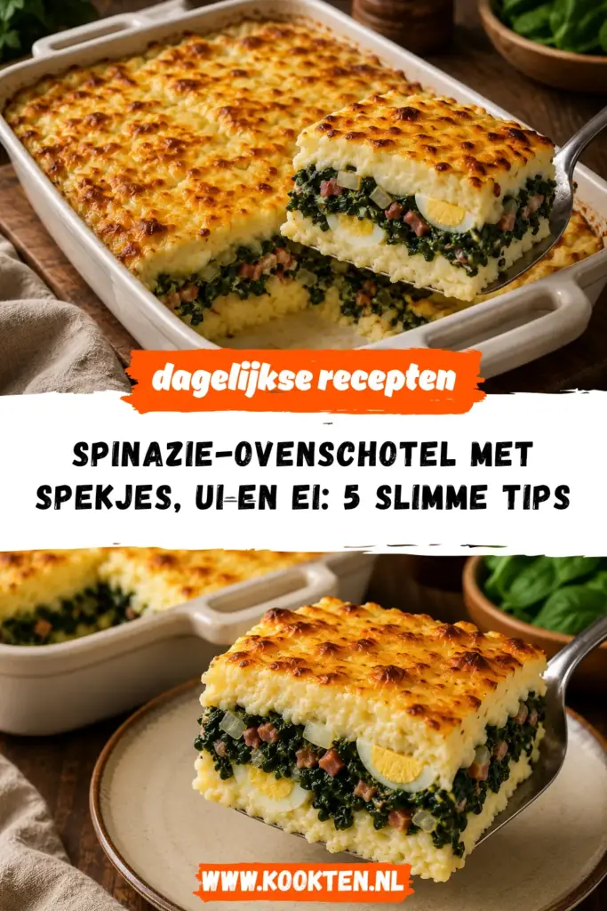 Spinazie-ovenschotel met spekjes, ui en ei receptfoto van het gerecht