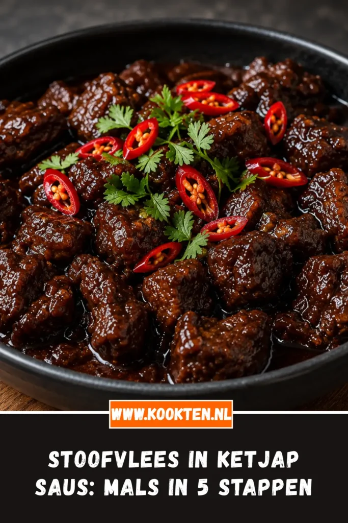Stoofvlees in Ketjap Saus van dichtbij op het bord