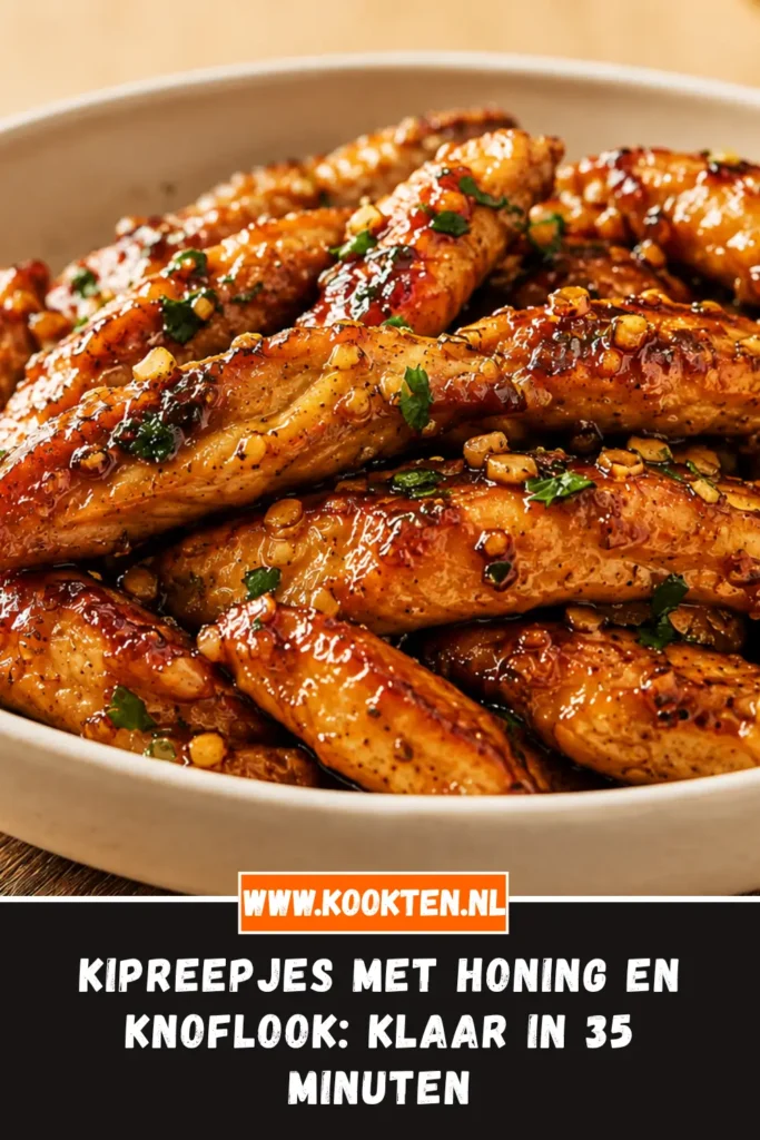 Kipreepjes met honing en knoflook van dichtbij op het bord
