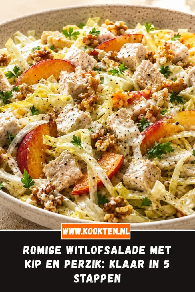 Romige witlofsalade met kip en perzik van dichtbij op het bord