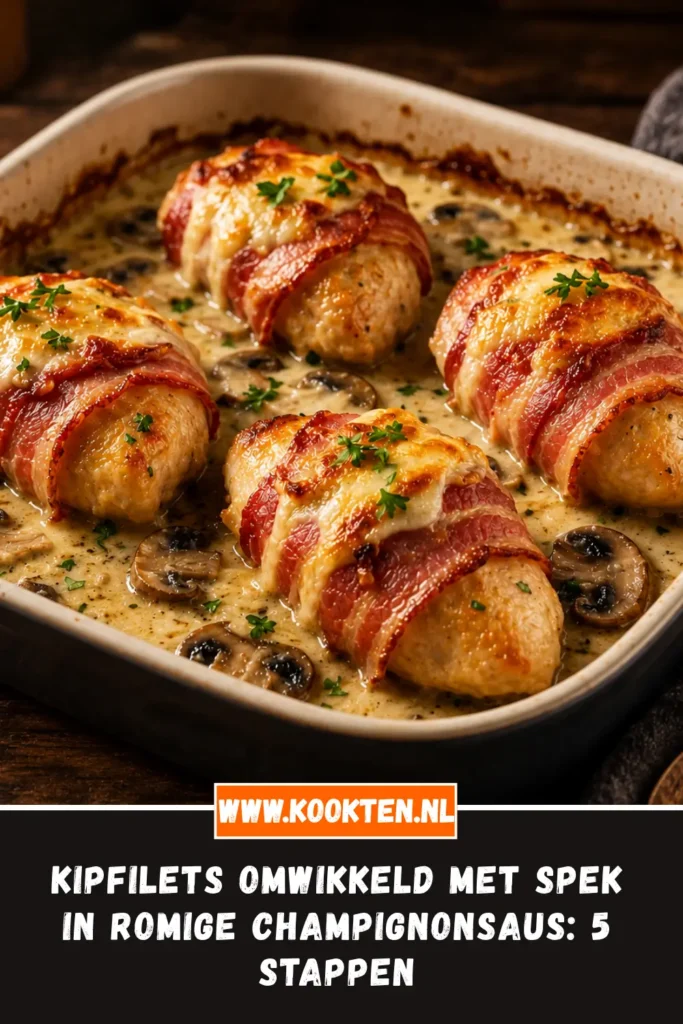 Kipfilets omwikkeld met spek in romige champignonsaus van dichtbij op het bord