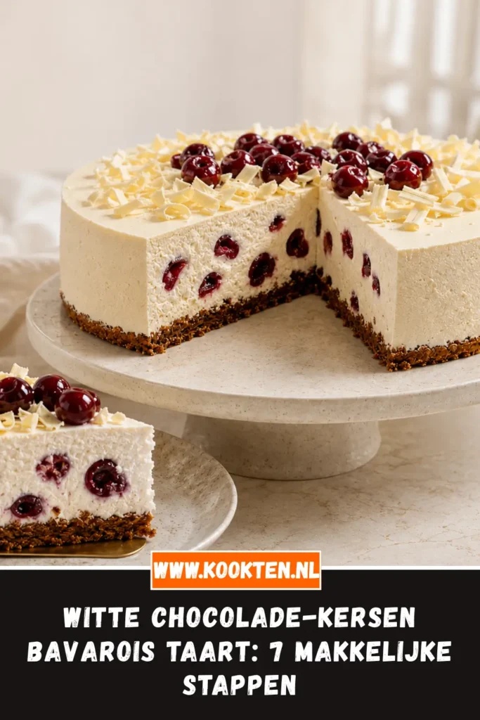 Witte chocolade-kersen bavarois taart van dichtbij op het bord