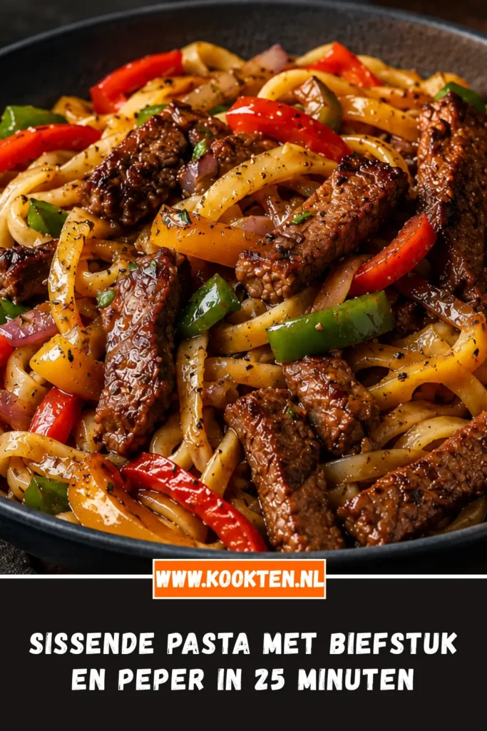 sissende pasta met biefstuk en peper van dichtbij op het bord