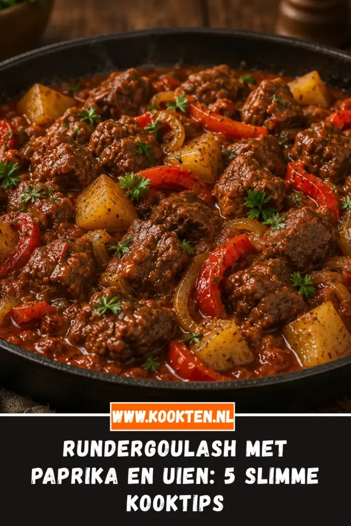 Rundergoulash met paprika en uien van dichtbij op het bord