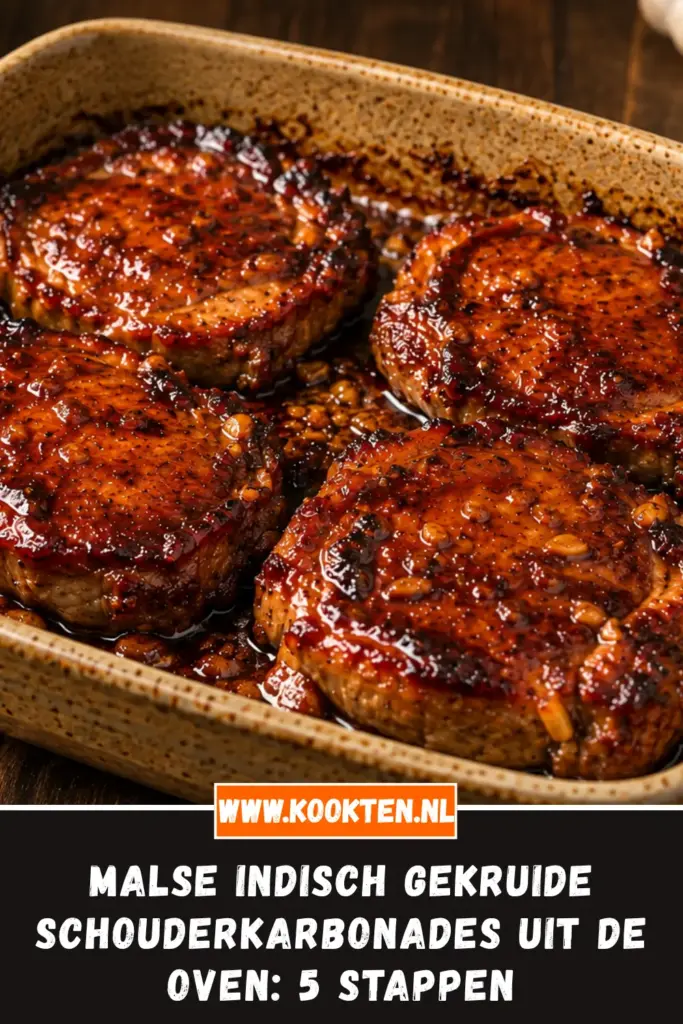 Malse Indisch gekruide schouderkarbonades uit de oven van dichtbij op het bord