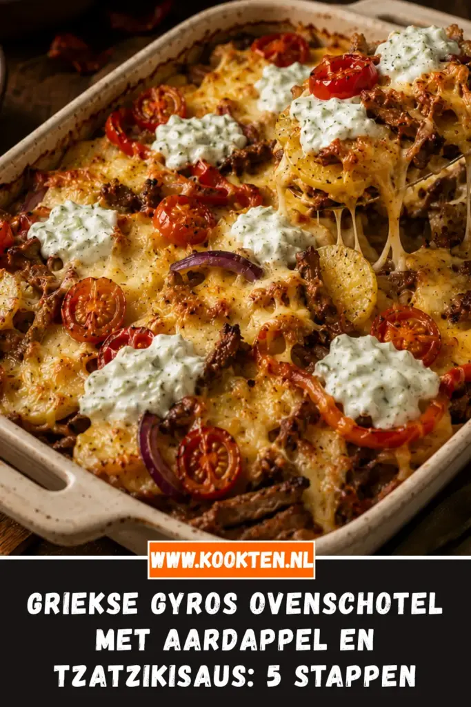 Griekse gyros ovenschotel met aardappel en tzatzikisaus van dichtbij op het bord