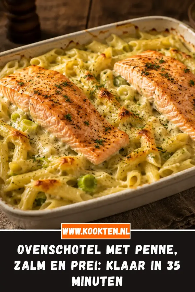 Ovenschotel met Penne, Zalm en Prei van dichtbij op het bord