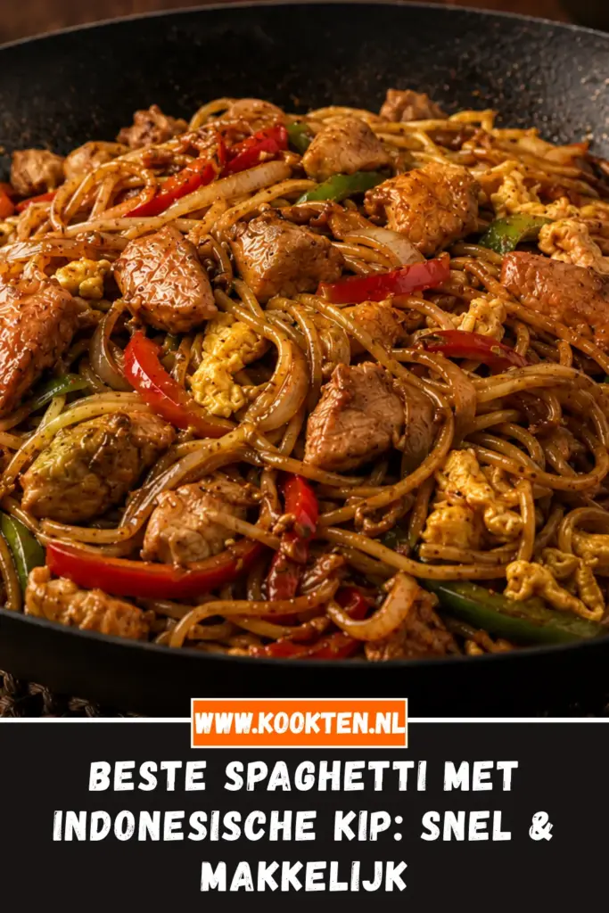 Spaghetti met Indonesische kip, paprika, ei en ketjap in een wok