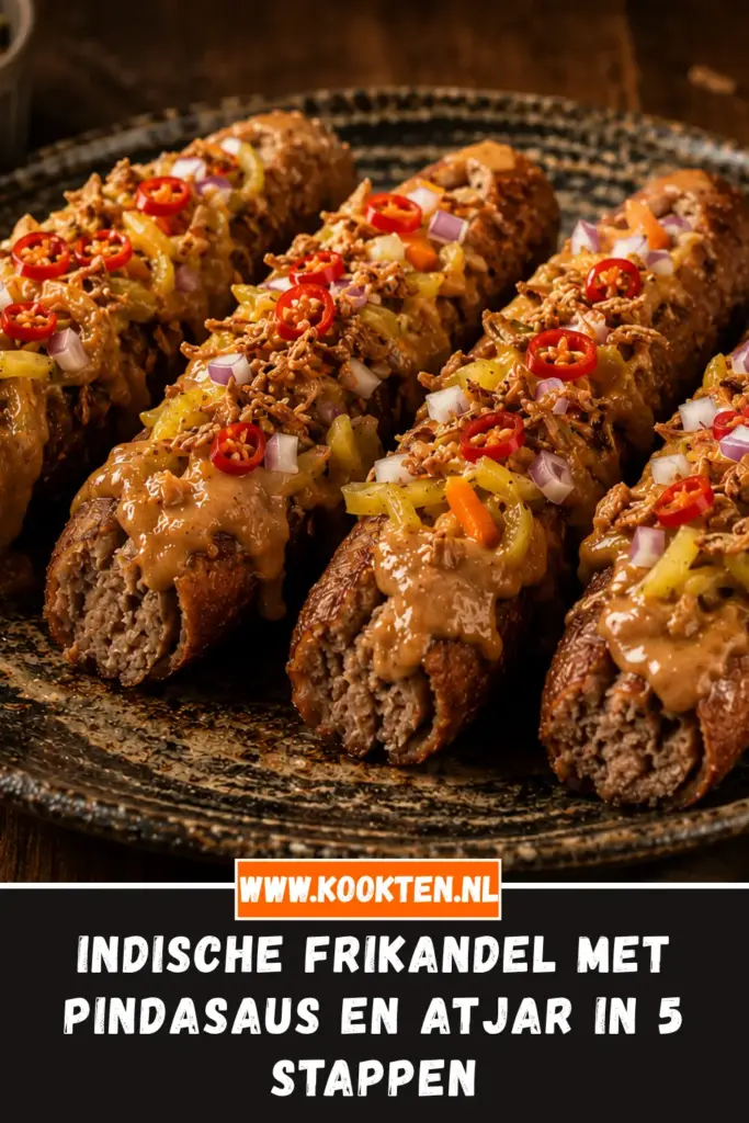 Indische frikandel met pindasaus en atjar van dichtbij op het bord