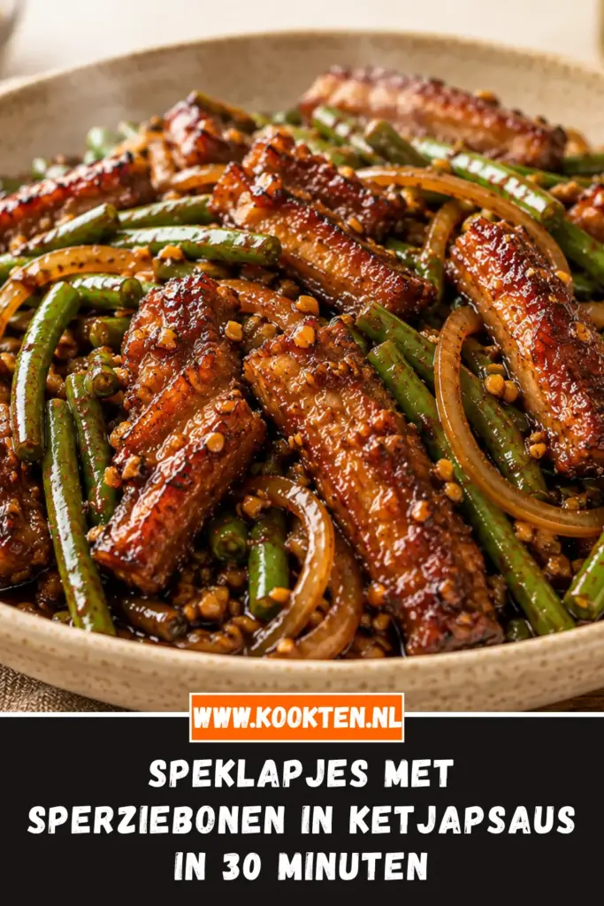 Speklapjes met Sperziebonen in Ketjapsaus van dichtbij op het bord