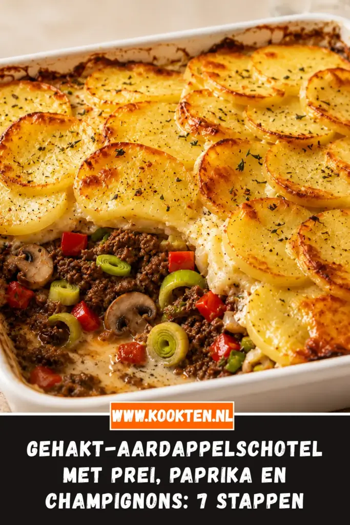 Gehakt-aardappelschotel met prei, paprika en champignons van dichtbij op het bord