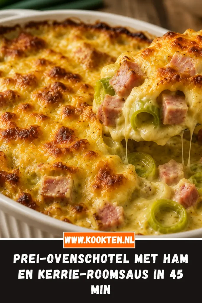 prei-ovenschotel met ham en kerrie-roomsaus van dichtbij op het bord