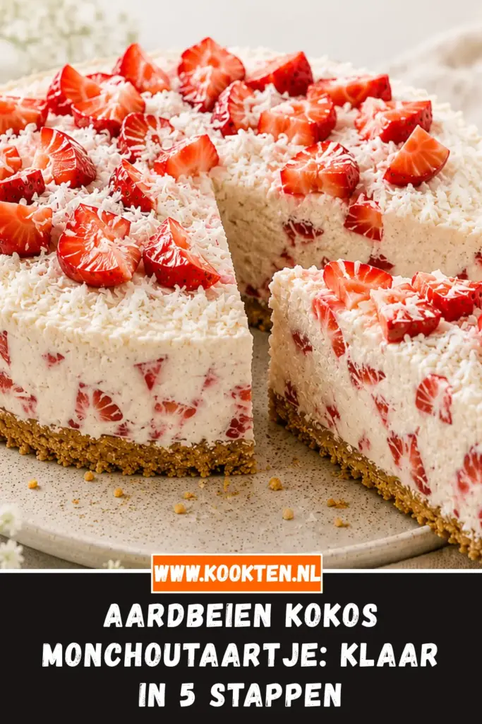 Aardbeien Kokos Monchoutaartje van dichtbij op het bord
