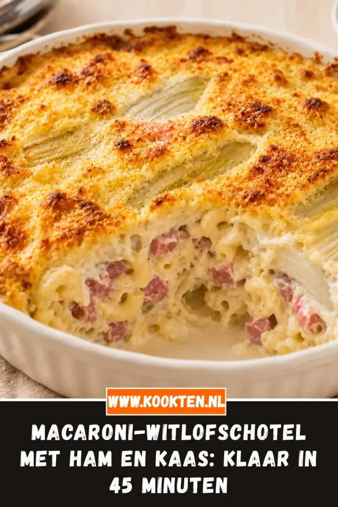 Macaroni-witlofschotel met ham en kaas van dichtbij op het bord