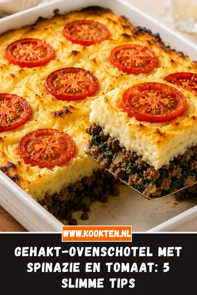 Gehakt-ovenschotel met spinazie en tomaat van dichtbij op het bord